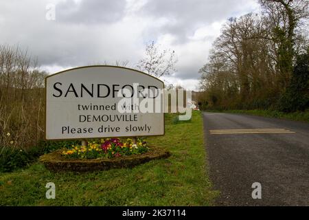 SANDFORD, DEVON, UK - APRIL 6, 2022 Sandford Village sign Stock Photo