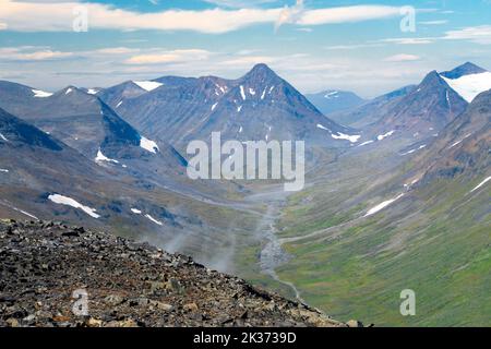 Vast Arctic landscape of Sarek National Park in Lapland,Sweden, viewed from the top of Naite mountain. Outdoor adventure in Laponia. Hiking in remote Stock Photo