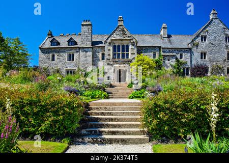 The colourful terraced garden at the medieval tudor manor house at Cothele, nr Calstock, Cornwall, England, UK Stock Photo