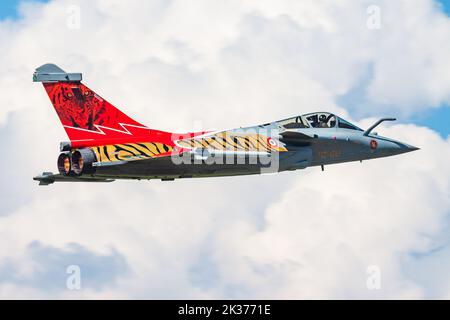 Payerne, Switzerland - September 6, 2014: Military fighter jet plane at air base. Air force flight operation. Aviation and aircraft. Air defense. Mili Stock Photo