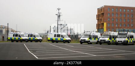 A row of six Police Vans Stock Photo