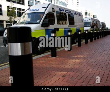 A row of three Police Vans Stock Photo