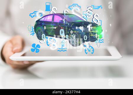 The man holding the tablet with digital 3d car and different items above the screen. Car insurance concept Stock Photo