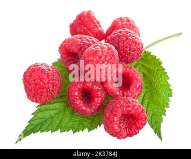 Ripe raspberry with green leaf on white Stock Photo