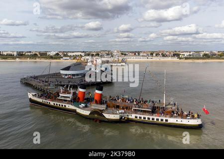 The world's last seaworthy paddle steamer, the Waverley prepares to leave Clacton Pier in Clacton-on-Sea, Essex, for a trip to London on her 75th anniversary. Picture date: Sunday September 25, 2022. Stock Photo