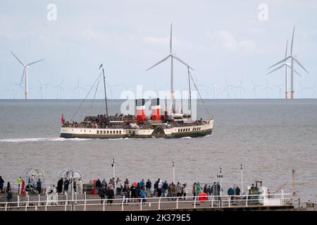 The world's last seaworthy paddle steamer, the Waverley departs from Clacton Pier in Clacton-on-Sea, Essex, for a trip to London on her 75th anniversary. Picture date: Sunday September 25, 2022. Stock Photo