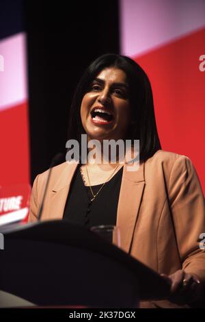 Liverpool, UK. 25th Sep, 2022. Shabana Mahmood MP for Birmingham and Shadow Camapign Coordinator forthe Labour Party speaking at the Labour Party Conference, Liverpool 2022 Credit: Della Batchelor/Alamy Live News Credit: Della Batchelor/Alamy Live News Stock Photo