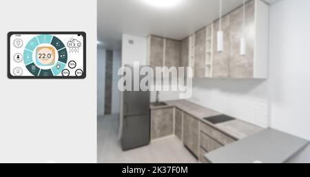 Smart home technology interface on smartphone app screen with augmented reality (AR) view of internet of things (IOT) connected objects in the Stock Photo