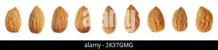 Close up picture of almonds isolated on white background, selective focus. Stock Photo