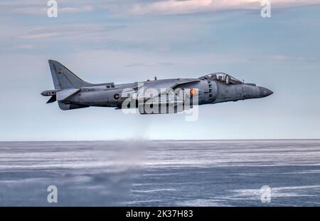 Gijon, Spain - July 28, 2013: : Aircraft AV-8B Harrier Plus taking part in an exhibition on the international airshow of Gijon on July 28, 2013. Stock Photo