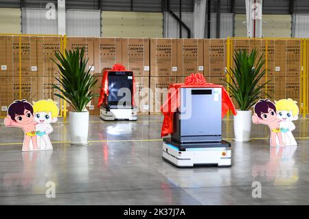 (220925) -- CHONGQING, Sept. 25, 2022 (Xinhua) -- Photo taken on Sept. 25, 2022 shows finished dishwasher products displayed during an off-line ceremony of a dishwasher interconnected factory of Chongqing Haier Washing Electric Appliances Co.LTD in southwest China's Chongqing. A dishwasher interconnected factory of Chongqing Haier Washing Electric Appliances Co.LTD was officially put into production here at Gangcheng Industry Park in Jiangbei District of Chongqing on Sunday. This 42,000-square-meter factory, with a designed annual output of one million dishwashers, will utilize advanced techno Stock Photo