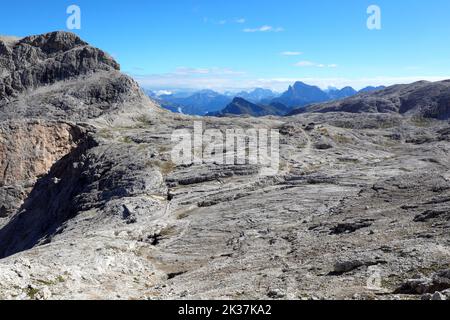 almost lunar scenery of the rocky dolomites on the alps near the town of San Martino di Castrozza in Northern Italy Stock Photo