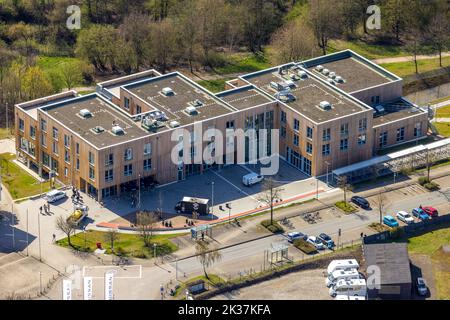 Aerial view, New campus building in timber construction at Witten Herdecke University, Annen, Witten, Ruhr area, North Rhine-Westphalia, Germany, Libr Stock Photo