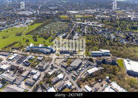 Aerial view, Witten Herdecke University, Annen, Witten, Ruhr area, North Rhine-Westphalia, Germany, DE, Europe, Community garden, KGV, KGV Common Good Stock Photo