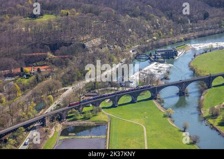 Aerial view, Ruhr viaduct with freight train and hydroelectric power station Hohenstein at the river Ruhr, Witten, Ruhr area, North Rhine-Westphalia, Stock Photo