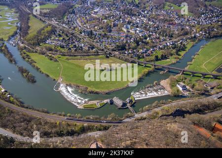 Aerial view, Ruhr viaduct and hydroelectric power station Hohenstein on the river Ruhr, Witten, Ruhr area, North Rhine-Westphalia, Germany, DE, Railro Stock Photo