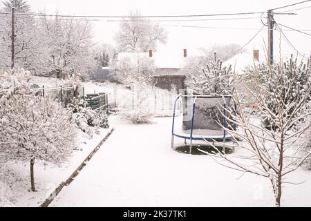 Garden in winter covered with white soft snow. Backyard equipment during snowy winter season. Eastern Europe, Slovakia. Trampoline, trees, plants. Stock Photo