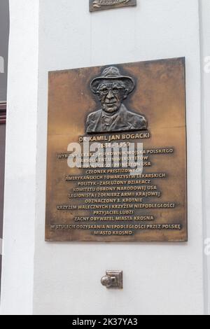 Krosno, Poland - June 12, 2022: Memorial plaque to polish doctor Kamil Bogacki. Stock Photo