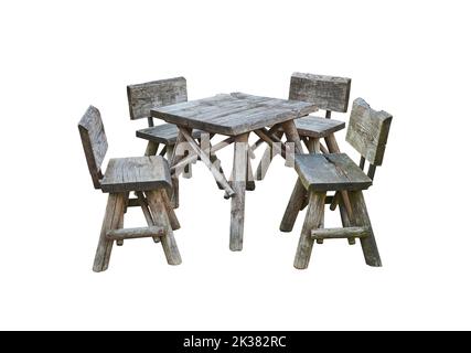 Old wooden outdoor table and chairs on a white background Stock Photo