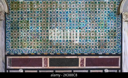 Ancient Ottoman Handmade Turkish Tiles with floral patterns from Topkapi Palace in Istanbul, Turkey.Internal wall of topkapi in Istanbul Stock Photo