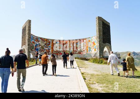 Gudauri, Georgia - August 28, 2022: Monument to the Soviet-Russian Georgian friendship on the Georgian Military Highway. Stock Photo