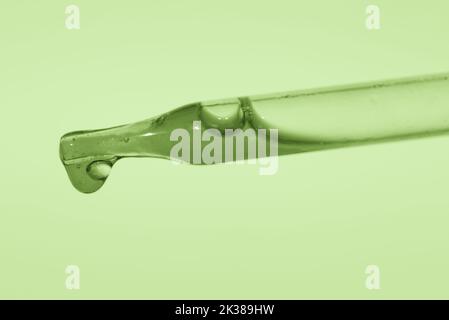 Pipette with aloe vera essence, juice from the plant on a green background. Cosmetic concept. Closeup of a special instrument. Bubble from the liquid on the pipette. High quality photo Stock Photo