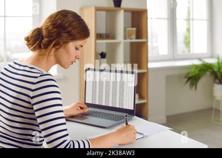 Woman office worker is working with spreadsheet on computers screens and making notes. Stock Photo