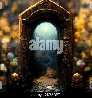 Raster illustration of wooden gate in dim clouds in an empty room. Portal to another world, magical realism, parallel world, ancient runes, relics. Ga Stock Photo