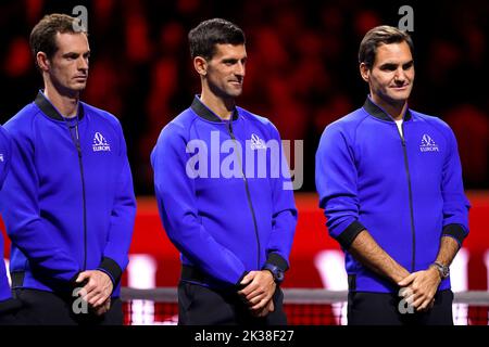 Team Europe's Andy Murray (left), Novak Djokovic and Roger Federer after defeat to Team World on day three of the Laver Cup at the O2 Arena, London. Picture date: Sunday September 25, 2022. Stock Photo