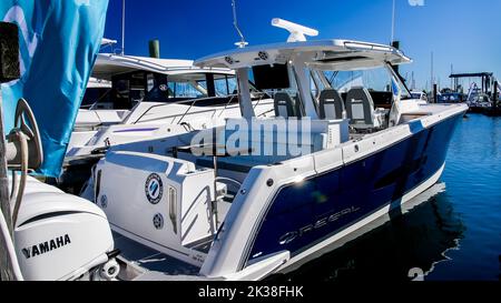 NORWALK, CT, USA - SEPTEMBER 23, 2022: Regal 38 SAV boat at Progressive Norwalk Boat Show Stock Photo