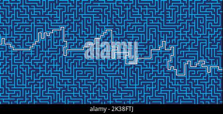 Education logic, labyrinth line. Blue square maze. Vector. Find the way, labyrinth riddle. Black, white geometric pattern. labyrinth design icon. Maze Stock Photo