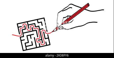 Education logic, Hand drawing labyrinth line. Black square maze. Vector labyrinth of low, medium complexity. Black, white geometric pattern. labyrinth Stock Photo