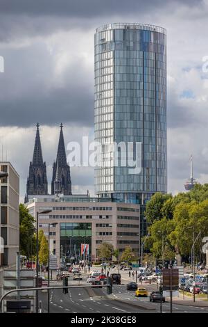 Cologne Cathedral famous twin towers visible all over city center Stock Photo