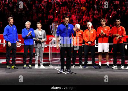 Team Europe's Roger Federer speaks following day three of the Laver Cup at the O2 Arena, London. Picture date: Sunday September 25, 2022. Stock Photo