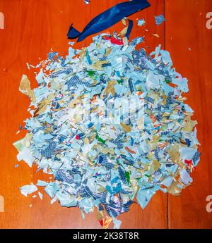 Remains of a biodegradable plastic bag after decomposition. Self-degrading plastic. Ecology concept. Background. Stock Photo