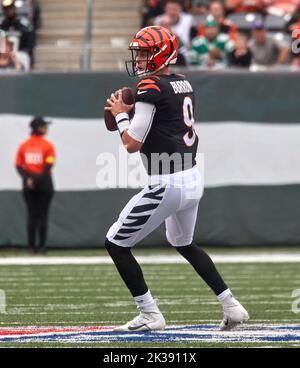 September 25, 2022, East Rutherford, New Jersey, USA: Cincinnati Bengals  linebacker Logan Wilson (55) makes an interception on a pass intended for  New York Jets wide receiver Braxton Berrios (10) during a