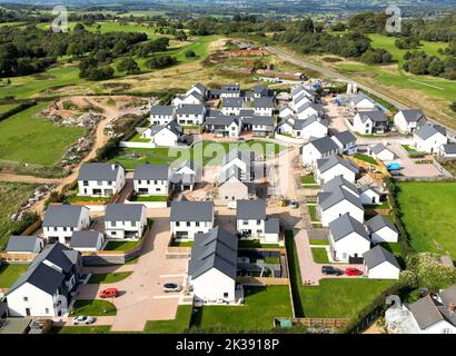 Bonvilston, Vale of Glamorgan, Wales - September 2022: Aerial view of a new development of luxury detached houses on the outskirts of Cardiff.