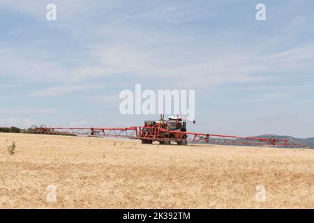 Crop Spraying in a Field of Ripening Grain on a Sunny Summer Afternoon with a Bateman Sprayer Stock Photo