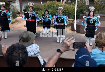 Native American members of the Zuni Olla Maidens from the Zuni Pueblo near Gallup, New Mexico, perform in a public event in Santa Fe, New Mexico. Stock Photo