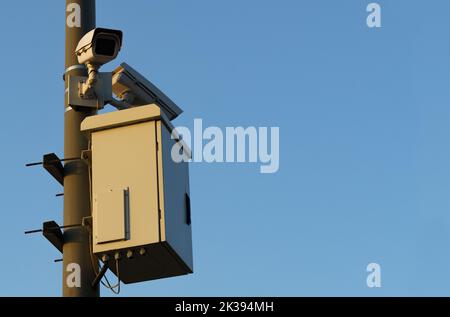 Multi-angle CCTV on pillar 360 degree system background blast cipping path. Stock Photo