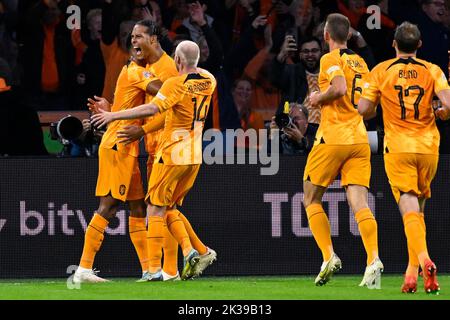 Netherlands' Virgil van Dijk celebrates after scoring during a soccer game between the Netherlands and Belgian national team the Red Devils, Sunday 25 September 2022 in Amsterdam, the Netherlands, the sixth and last game in the Nations League A group stage. BELGA PHOTO LAURIE DIEFFEMBACQ Stock Photo