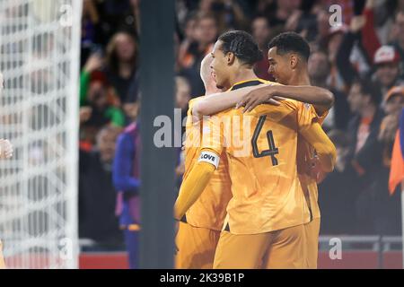 Netherlands' Virgil van Dijk celebrates after scoring during a soccer game between the Netherlands and Belgian national team the Red Devils, Sunday 25 September 2022 in Amsterdam, the Netherlands, the sixth and last game in the Nations League A group stage. BELGA PHOTO BRUNO FAHY Stock Photo