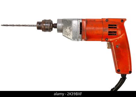 Old rusty hand drill. Isolated on a white background Stock Photo - Alamy