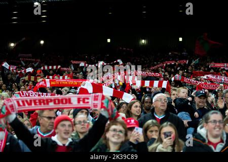 Liverpool, UK. 25th Sep, 2022. Liverpool fans sing during the The Fa Women's Super League match Liverpool Women vs Everton Women at Anfield, Liverpool, United Kingdom, 25th September 2022 (Photo by Phil Bryan/News Images) in Liverpool, United Kingdom on 9/25/2022. (Photo by Phil Bryan/News Images/Sipa USA) Credit: Sipa USA/Alamy Live News Stock Photo
