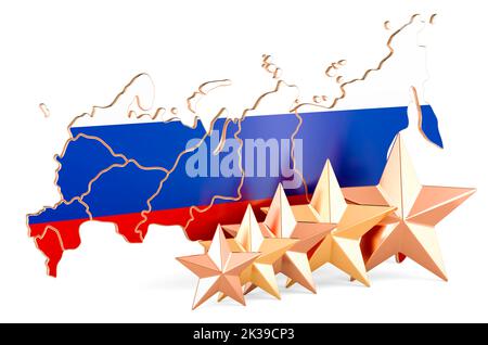 Russian map with five stars. Rating, quality, service in Russia. 3D rendering isolated on white background Stock Photo