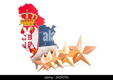 Serbian map with five stars. Rating, quality, service in Serbia. 3D rendering isolated on white background Stock Photo