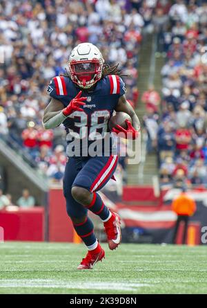 Foxborough, United States. 25th Sep, 2022. New England Patriots Rhamondre Stevenson runs the ball during a game against the Baltimore Ravens at Gillette Stadium in Foxborough, Massachusetts on Sunday, September 25, 2022. Photo by Amanda Sabga/UPI Credit: UPI/Alamy Live News Stock Photo