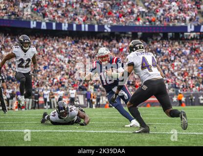 Foxborough, United States. 25th Sep, 2022. New England Patriots quarterback Mac Jones runs toward the end zone during a game against the Baltimore Ravens at Gillette Stadium in Foxborough, Massachusetts on Sunday, September 25, 2022. Photo by Amanda Sabga/UPI Credit: UPI/Alamy Live News Stock Photo