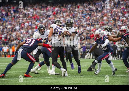 Foxborough, United States. 25th Sep, 2022. Baltimore Ravens quarterback Lamar Jackson runs the ball during a game against the New England Patriots at Gillette Stadium in Foxborough, Massachusetts on Sunday, September 25, 2022. Photo by Amanda Sabga/UPI Credit: UPI/Alamy Live News Stock Photo