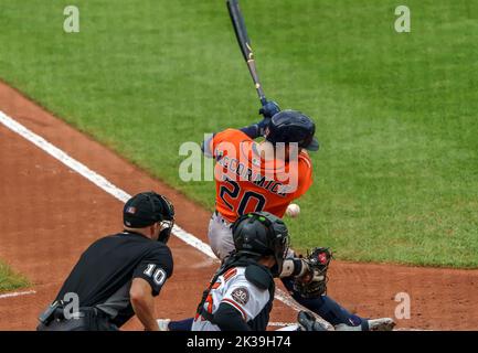 Houston Astros left fielder Chas McCormick catches a fly ball for an out  during the first inning of a baseball game against the Kansas City Royals,  Sunday, June 5, 2022 in Kansas